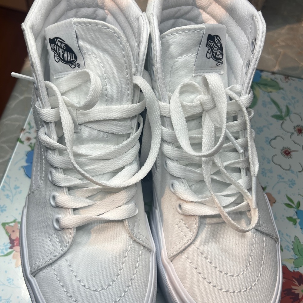 All white Platformed + stacked vans size 5.5 only worn once.